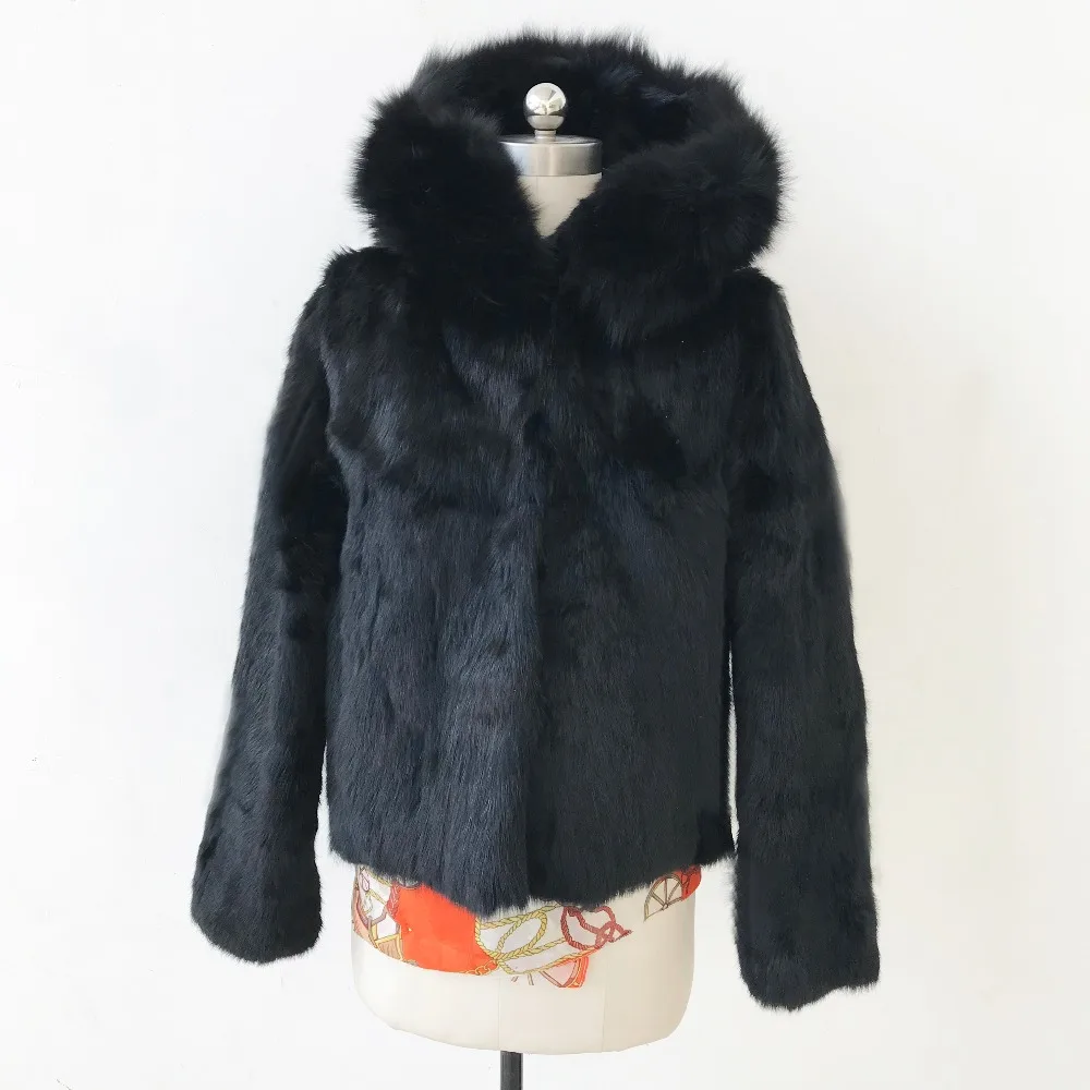 

Natural Fur Coat For Women Real Rabbit Fur Jacket with Hood and Genuine Fur Parka Fox Fur Collar Hood Coats China wsr454