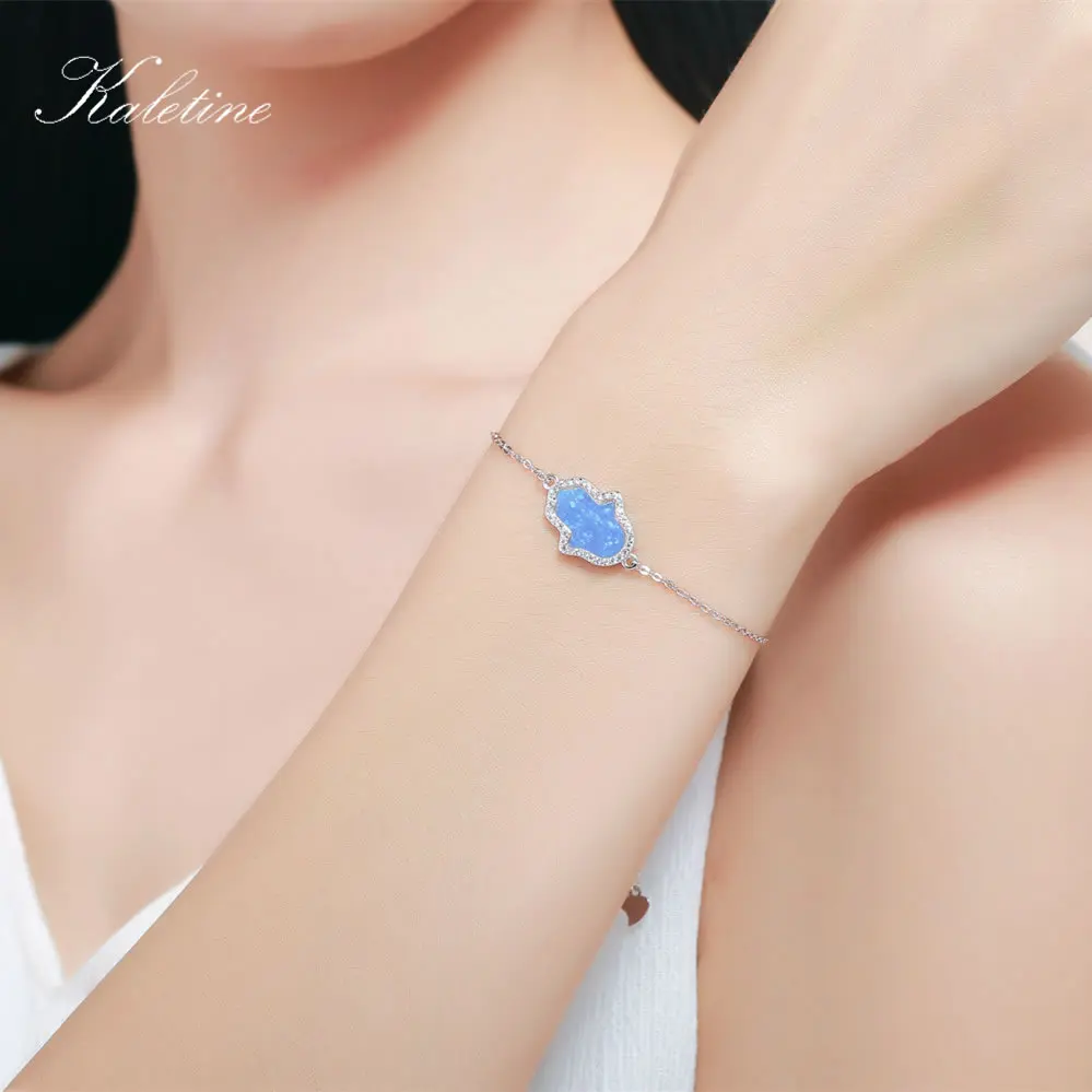 

Kaletine Genuine 925 Sterling Silver Bracelet Synthetic Opal Blue White Bracelets For Women Hamsa Hand of Fatima Fashion Jewelry