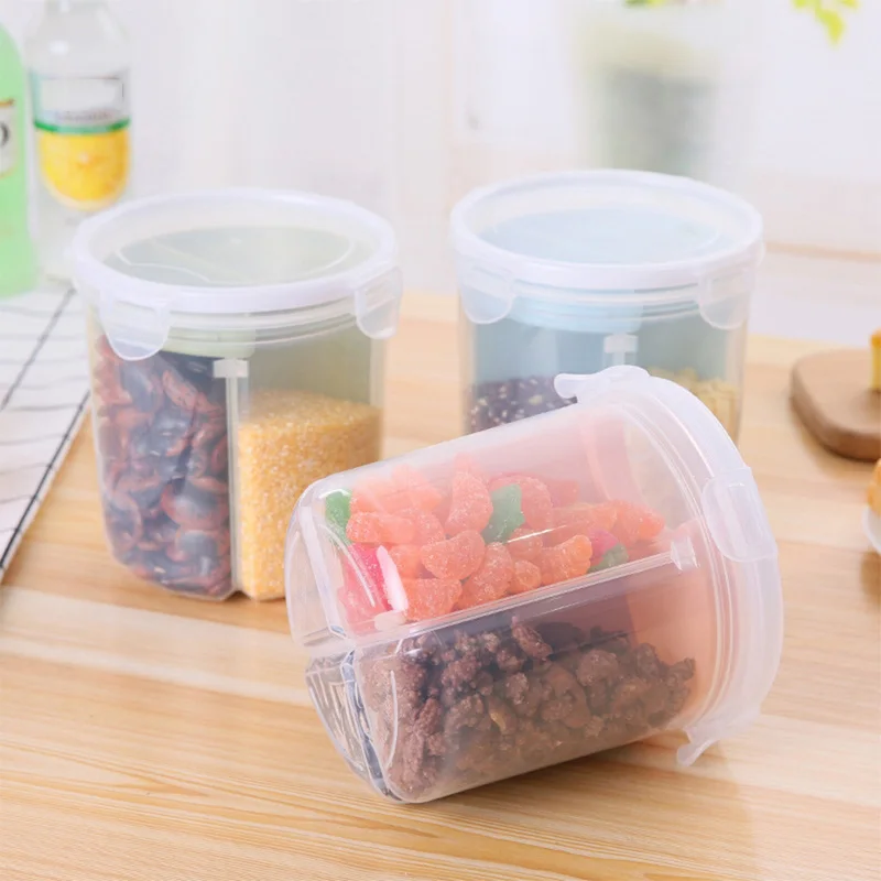 

Plastic Kitchen Storage Box 4 Lattices Refrigerator Food Preservation Container Rice Beans Stoarge Jar with Seal Cover Box