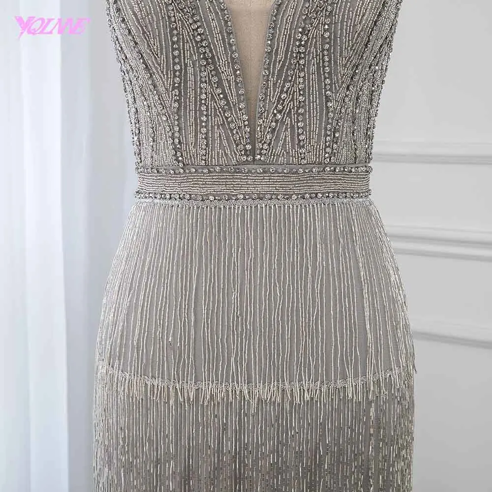 Luxury Sliver Rhinestones Evening Dresses Long Deep V-neck Mermaid Formal Gown Sleeveless YQLNNE