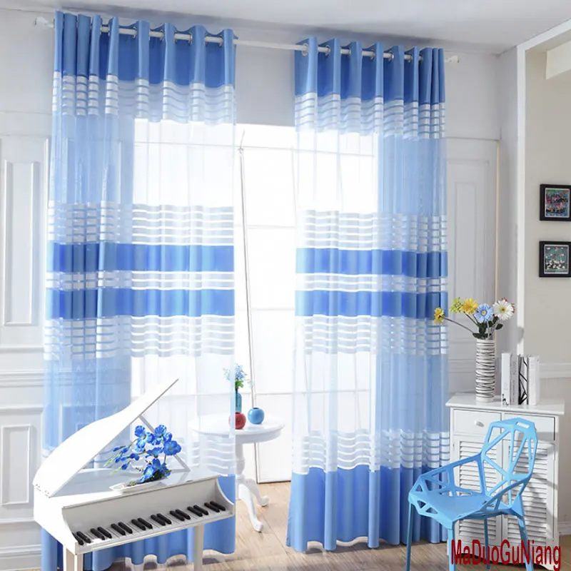 

Elegant Blue White Polyester Cloth Modern Simple Striped Bedroom Sheer Window Curtains for Living Room Tulle Curtain