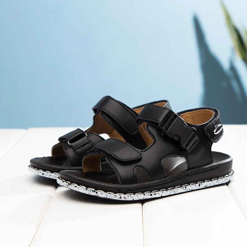 Летние кожаные сандалии для мальчика новые студенческие спортивные сандалии корейская детская пляжная обувь Нескользящая - Цвет: Черный