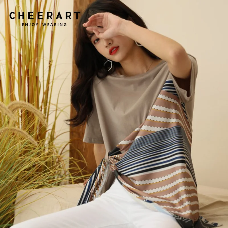 

Cheerart Designer T Shirt Women Cut Out Top Summer High Low T Shirt With Short Sleeves Patchwork Tee Shirt Casual Top