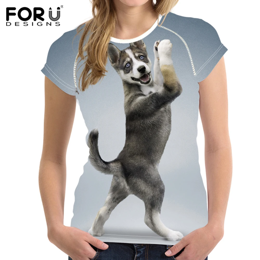 FORUDESIGNS Funny Husky Dog Women T Shirts Fashion Fitness Teenager