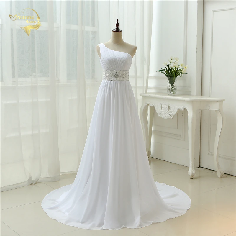 סקסי גב הפתוח Vestidos דה Novia 2017 Casamento תחרת שיפון לבן ארוך עם רכבת שמלות כלה כתף אחת OW 2042