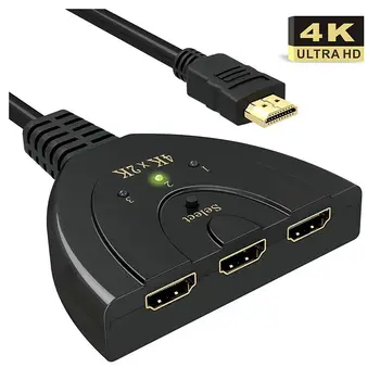 

HDMI Switch 4K, 3-Port HDMI Splitter HDMI Switcher Supports 4K/Full HD1080p/3D with High Speed Pigtail Cable