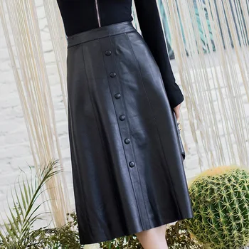 

new spring autumn fall genuine real sheepskin leather skirt a-line mid-calf midi for ladies female black plus size xxxl 2xl 3xl