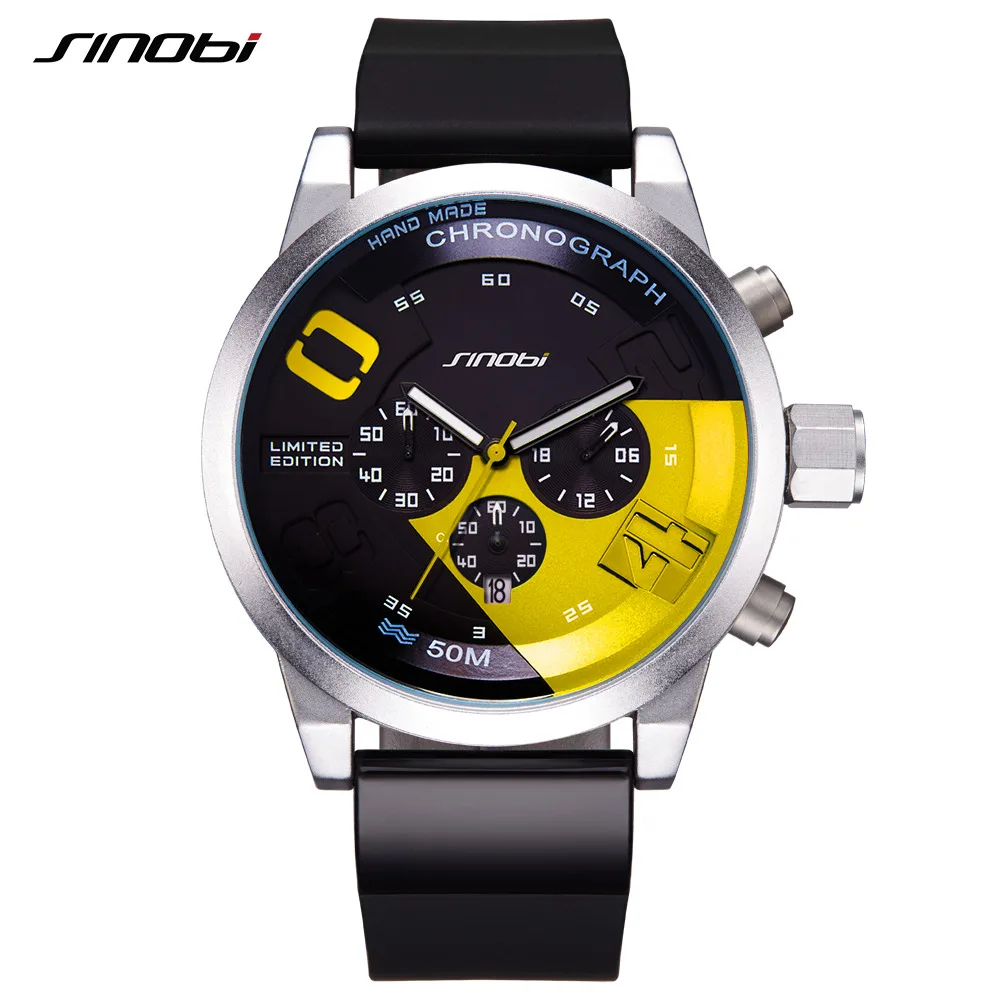 Acheter SINOBI Hommes de Montres de Sport Étanche Jaune Cadran Homme Plein Acier Chronographe À Quartz Montre Bracelet 2017 Racing Relogio Masculino