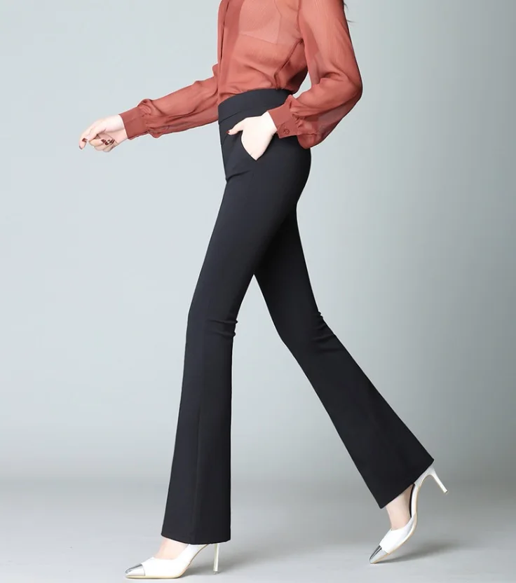 Высокая Талия пуш-ап расклешенные брюки женские клеш 4 способ растягивания голенище Формальные элегантные офисные брюки с карманами черный темно-синий - Цвет: Black