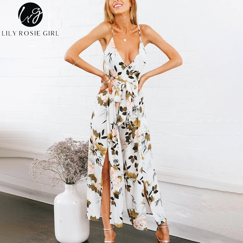 

Lily Rosie Girl V-neck Spaghetti Strap Women Jumpsuit Print Floral Bow Boho Jumpsuit Romper Backless Beach Summer Jumpsuit