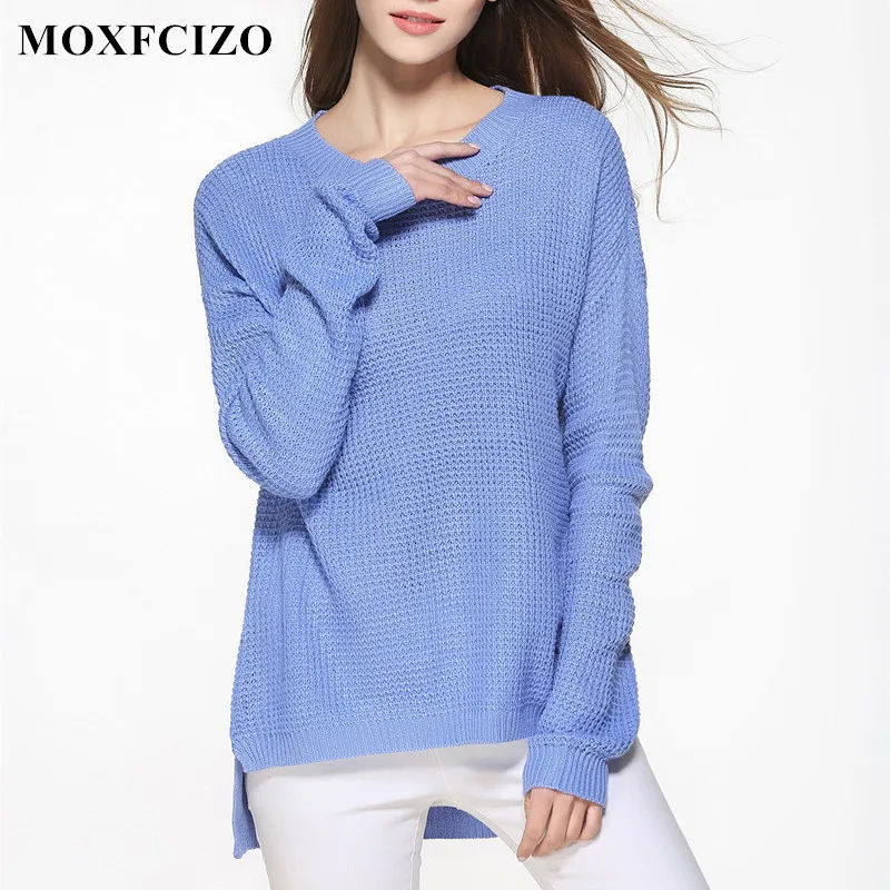 MOXFCIZO Sweater Shirt Women Jumper 2017 Spring Oversized Long Sleeve Knitwear Blue Loose Female Pullover | Женская одежда