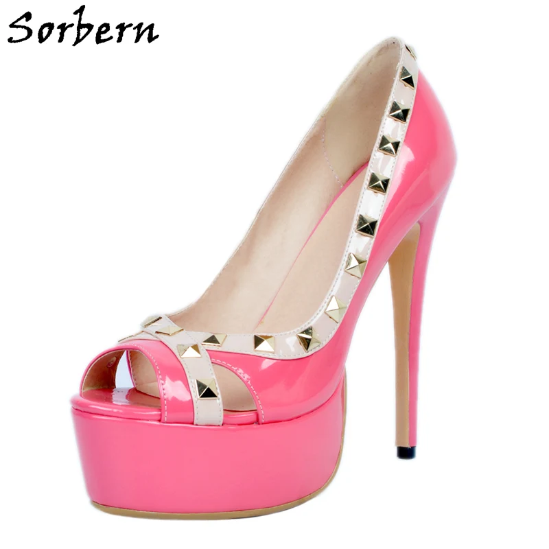 Custom rosy Mujeres Remache Sorbern Slip Service Cuero Plataforma Red Gran Con Fucsia Toe De Alta Tacón Peep En Zapatos Las 8UqwFa1x