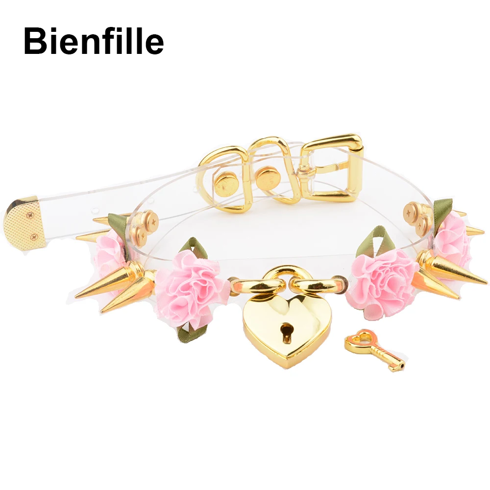 Lolita Cute Girl 100% Hand Crafted Silver Gold Spiked Lock Heart Collar With Key Rose Flowers Spikes Choker Transparent Necklace