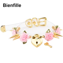 Lolita Cute Girl 100 Hand Crafted Silver Gold Spiked Lock Heart Collar With Key Rose Flowers