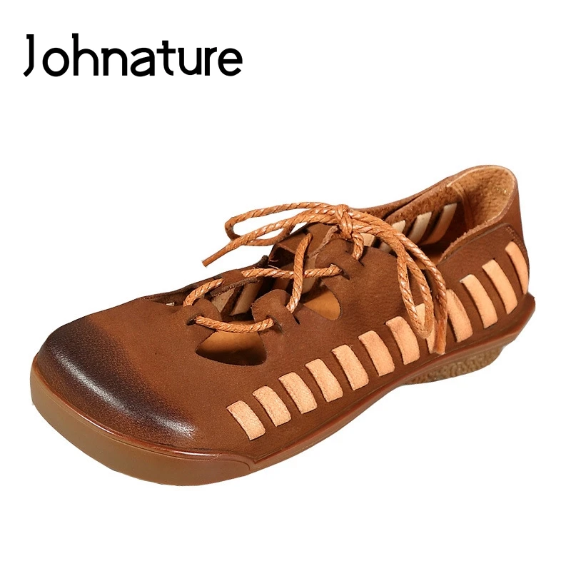 

Johnature Genuine Leather Square Toe Casual Shoes Lace-up Spring/Autumn Retro Cross-tied Hollow Retro Women Shoes Pumps