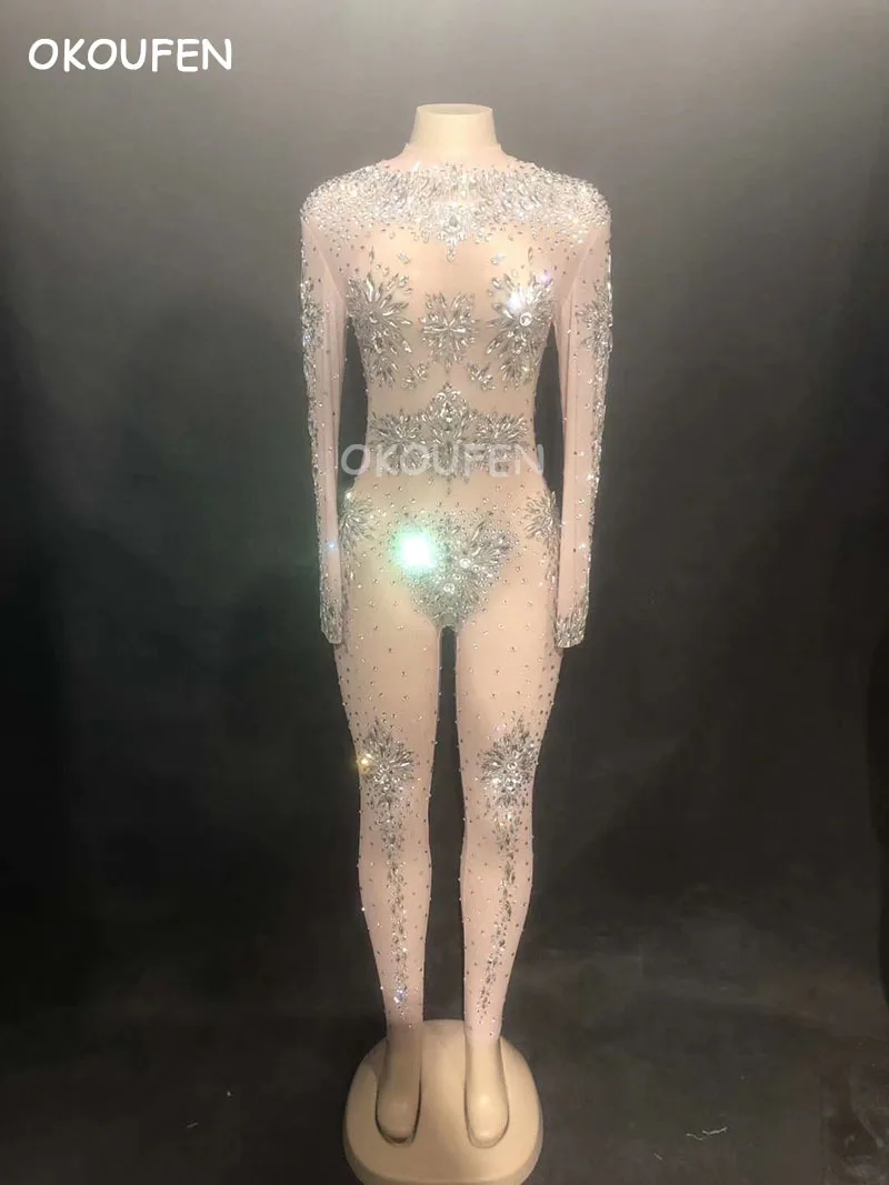 

Female songs acrobatics ring dance Dj translucent mesh yarn rhinestone stretch long jumpsuit stage show costume female