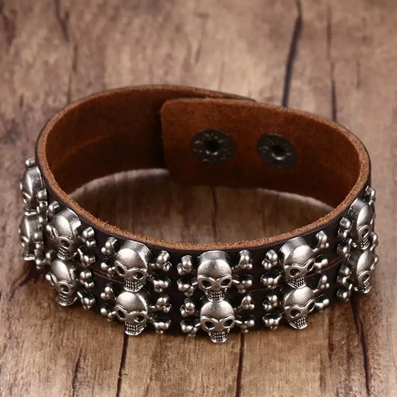 

Mens Punk Leather Bracelets 2 Row Skull Head Crossbone Heavily Metal Style Wristband Cuff Bracelet Men Adjustable Jewelry