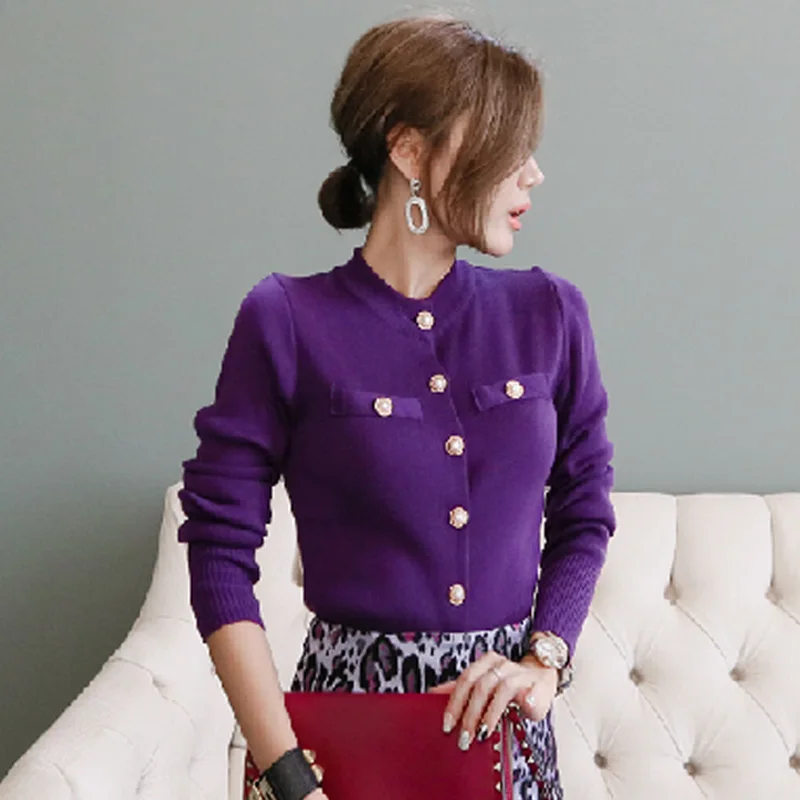 Зимний однобортный женский вязаный свитер с круглым вырезом и длинным рукавом, кардиганы, элегантные женские джемперы jersey mujer invierno - Цвет: purple