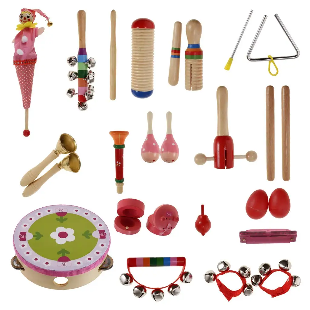 22 шт Набор музыкальных инструментов деревянная погремушка maracas Кастанет Обучающие Игрушки для раннего развития для детей - Цвет: Pink