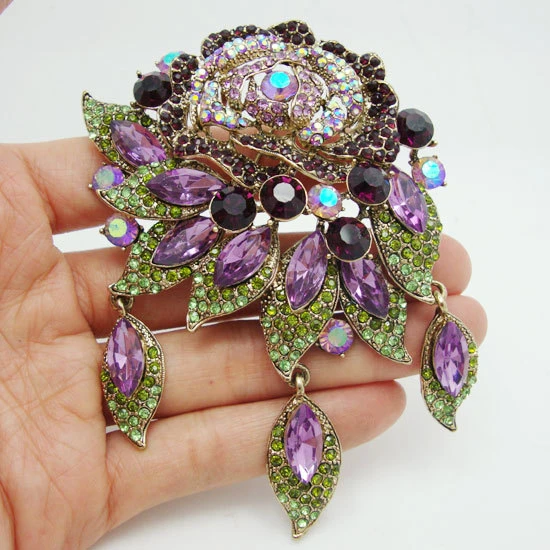 TTjewelry Vintage Style Purple Austria Crystal Rose Flower Pendant Brooch 