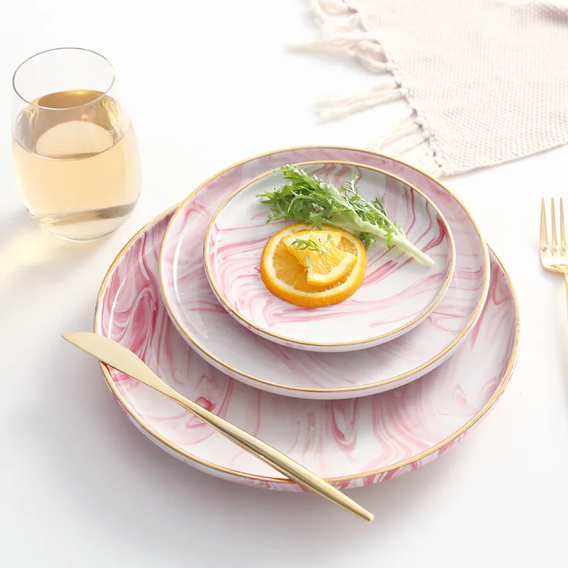 

Cocostyles InsFashion fantastic pink marble pattern ceramic breakfast tray with gold edge for romantic bohemia style restaurant