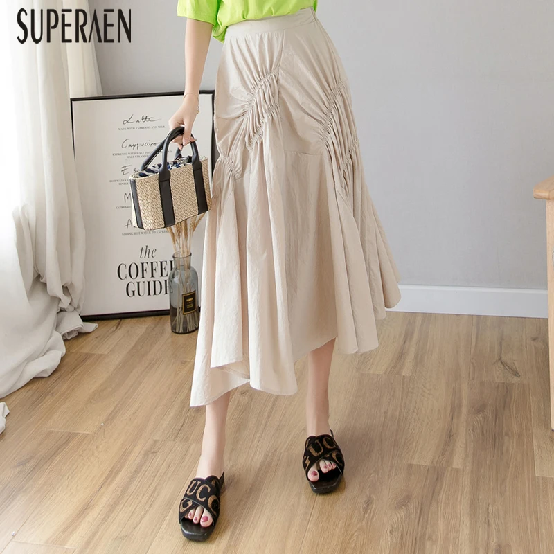 

SuperAen 2019 Spring and Summer New High Waist Women Skirt Cotton Solid Color Ladies Skirts Irregular Fashion Skirts Female