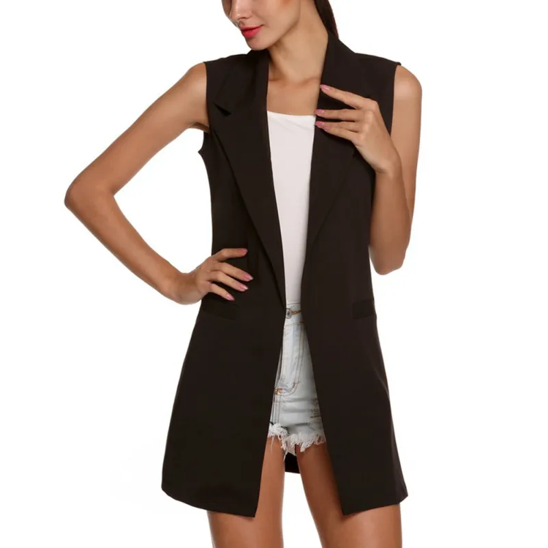 

New Women summer solid color fashion Temperament Lapel Sleeveless Simple Solid Color Cardigan Loose Jackets Slim Long Vest 2019