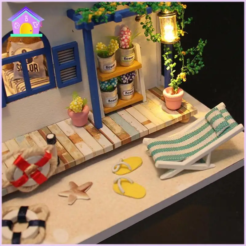 Набор для кукольного домика ручной работы DIY игрушечная лампа Синяя пляжная сборка модель здания домик Миниатюрный Кукольный домик С Пылезащитным покрытием декор из игрушек