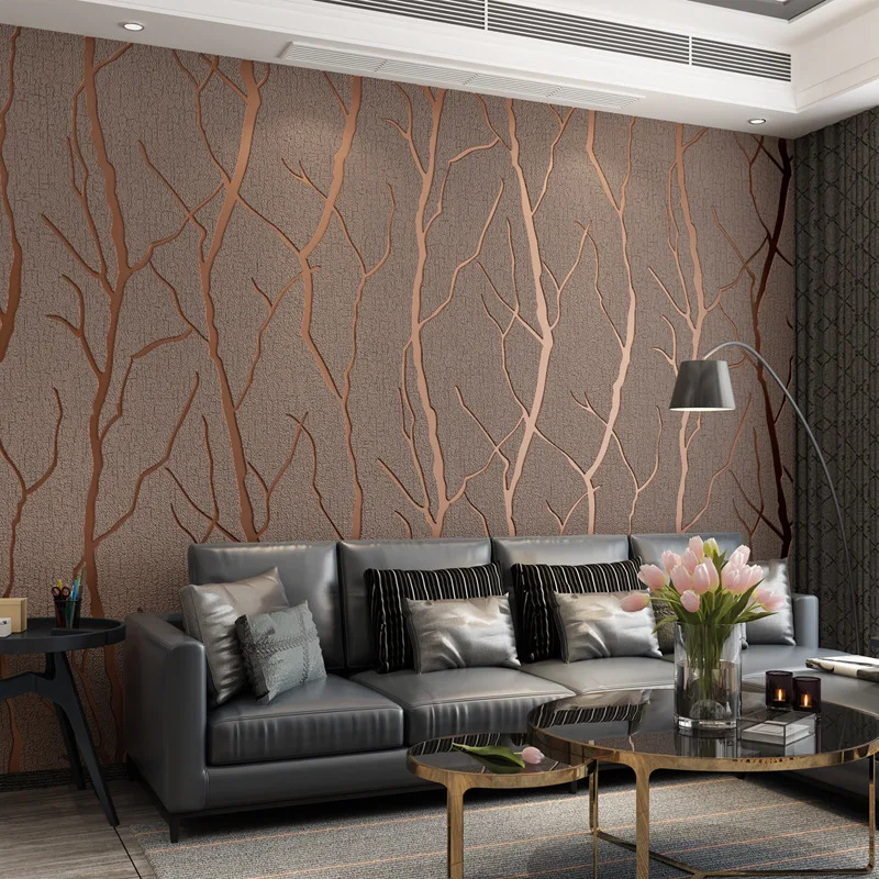 Suede Trees Desig Papel De Parede 3d Flocking Wallpaper For Bedroom