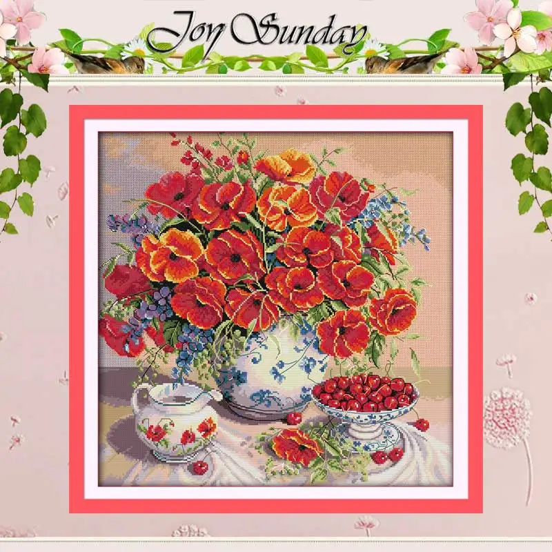 

Poppy and Cherry Patterns Counted Cross Stitch 11CT 14CT Cross Stitch Sets Chinese Cross-stitch Kits Embroidery Needlework