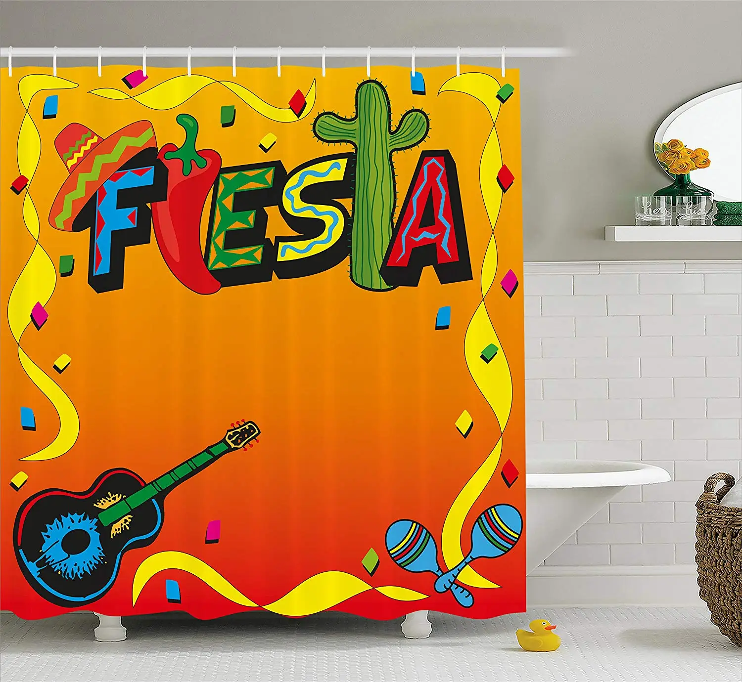 Fiesta Shower Curtain Latino Pattern with Swirled Stripe Frame Musical Instruments Confetti Design Fabric Bathroom Decor | Дом и сад