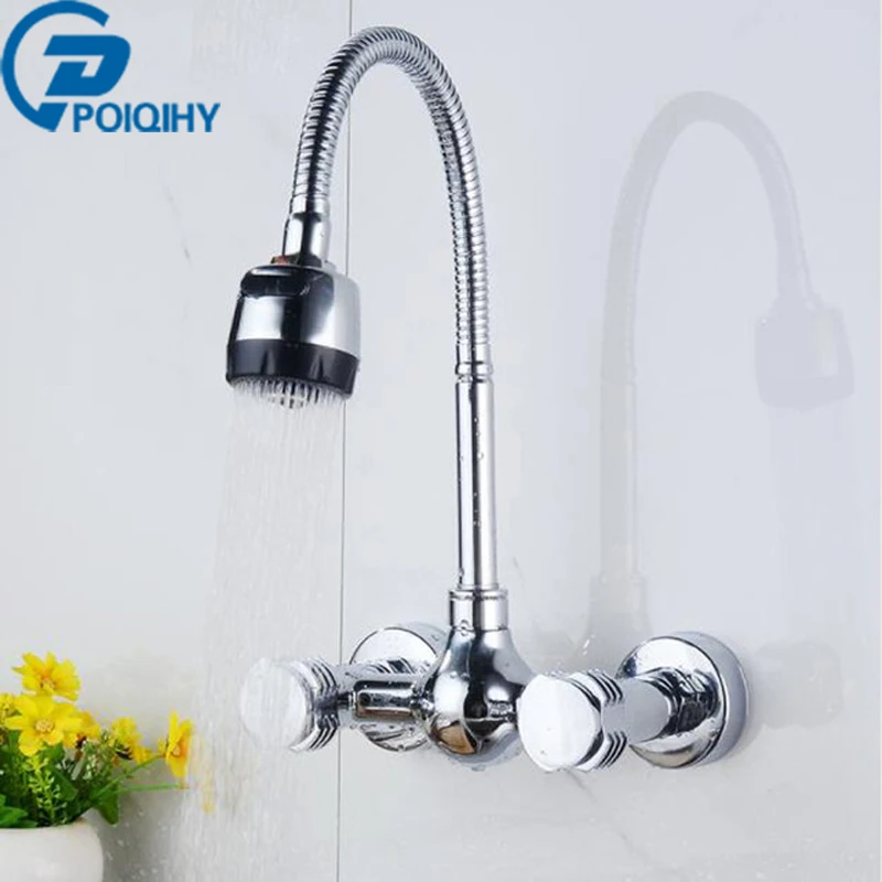 

Wall Mount Kitchen Dual Handle Flexible Hose Mixer Tap Hot and Cold Water Faucet