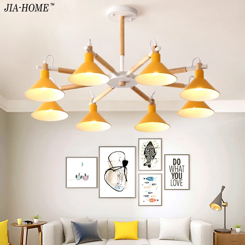 

Solid Wood LED Chandeliers For Living Room Bedroom colors lampshade Nordic Style Surface Mount E27 Lamps Lighting Fixtures