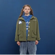 Весенний модный дизайн женский армейский зеленый базовые куртки с капюшоном с карманами Женская хлопковая верхняя одежда пальто свободные топы отверстие