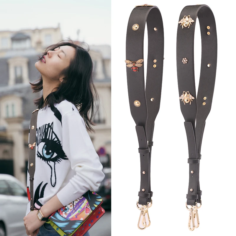 

New mk wide female shoulder strap bag accessories bee rivet widened leather bag metal hardware for handbags handbag strap Belt