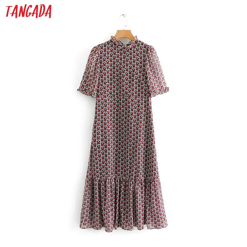 Baratos Moda de mujer tangada corazón estampado vestido plisado volantes cuello manga corta dulce femenino vestidos casuales vestidos BE213