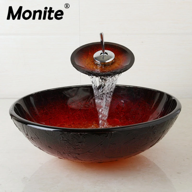 Monite Red Basin Single Handles Tap Bathroom Sink Washbasin Tempered Glass Lavatory Bath Set Torneira Mixer Faucet | Обустройство