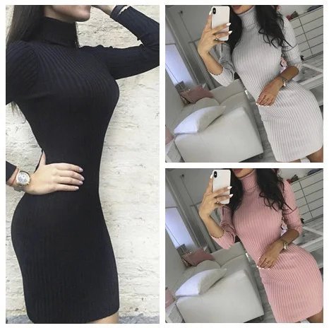 Women Rib Knit Turtleneck Mini Dresses Long Sleeve Autumn Winter Warm Sweater Sexy Dress Elastic Slim Bodycon Dress