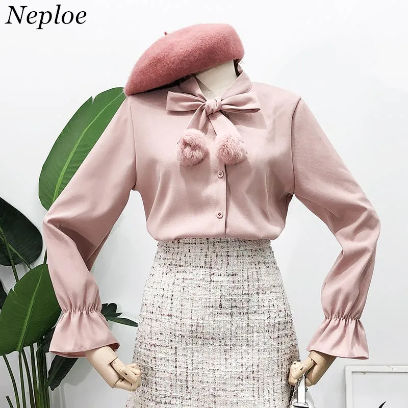

Neploe Stand Neck Blouse Sweet Fur Ball Bow Tie Design Blouse 2019 New Flare Sleeve Blusas Shirts Fashion Women Tops 37275