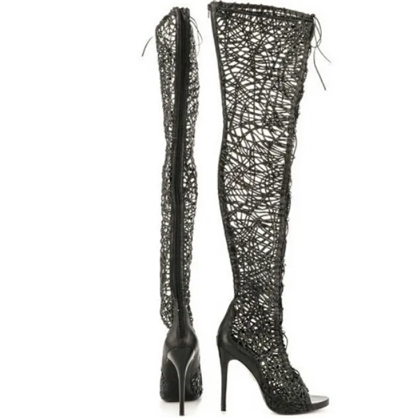 High Quality Sexy Lace-up Thigh High Boots Fashion Leather Braided Cut-outs High Heel Boots Over The Knee Boots Free Shipping