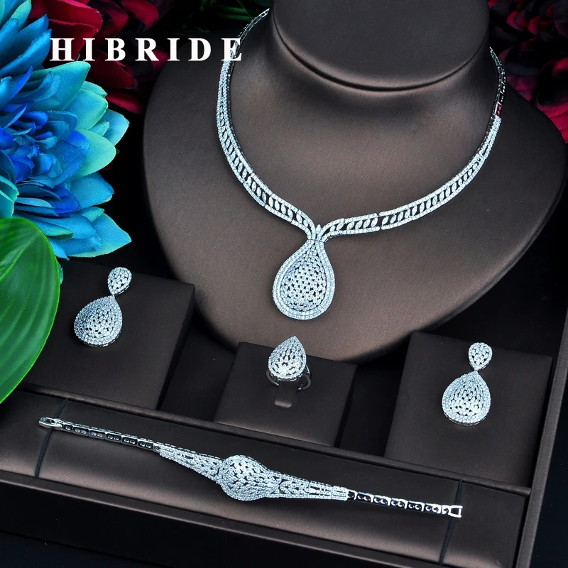 

HIBRIDE Luxury Gold Color 4 pcs Set CZ Jewelry Sets For Women Wedding Necklace Earring Ring Bracelet Jewelry Accessories N-751