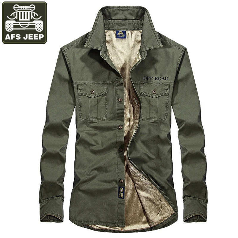 

AFS JEEP Brand Winter Fleece Shirt Men Thick Warm Long Sleeve Military Casual Men Shirts Plus Size S-4XL Cotton Camisa Hombre