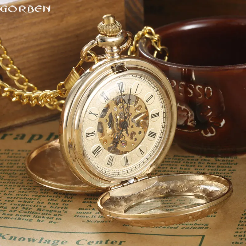 Luxury Gold Steel Carving Mechanical Pocket Watch 2 Sides Open Case Roman Number Dial Steampunk Analog