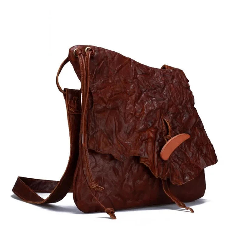 

Unique Vintage Pleated Designer Genuine Leather Women Messenger Bag Natural Soft Cowhide Female Lady Single Cross Shoulder Bag