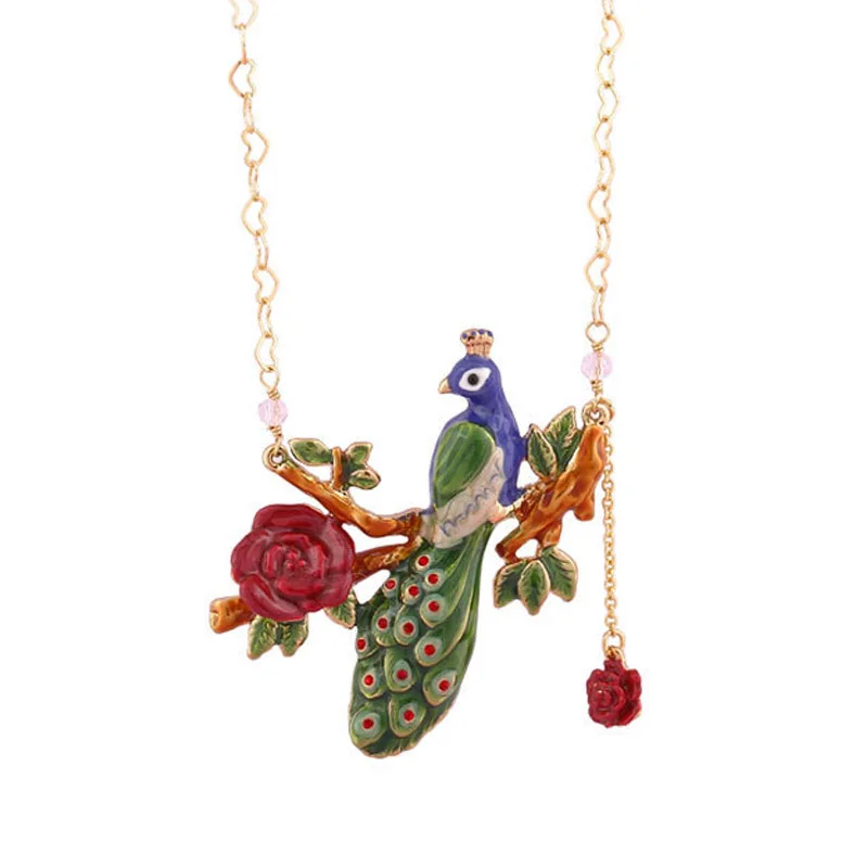 

Luxury Statement peacock flowers choker necklace for women enamel glaze bird red flower fashion party jewelry