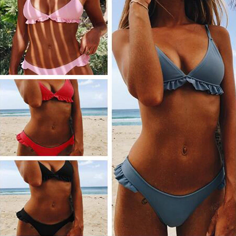 Летний сексуальный треугольный бюстгальтер комплект бикини с оборками женский купальник бандо купальник пуш-ап купальный
