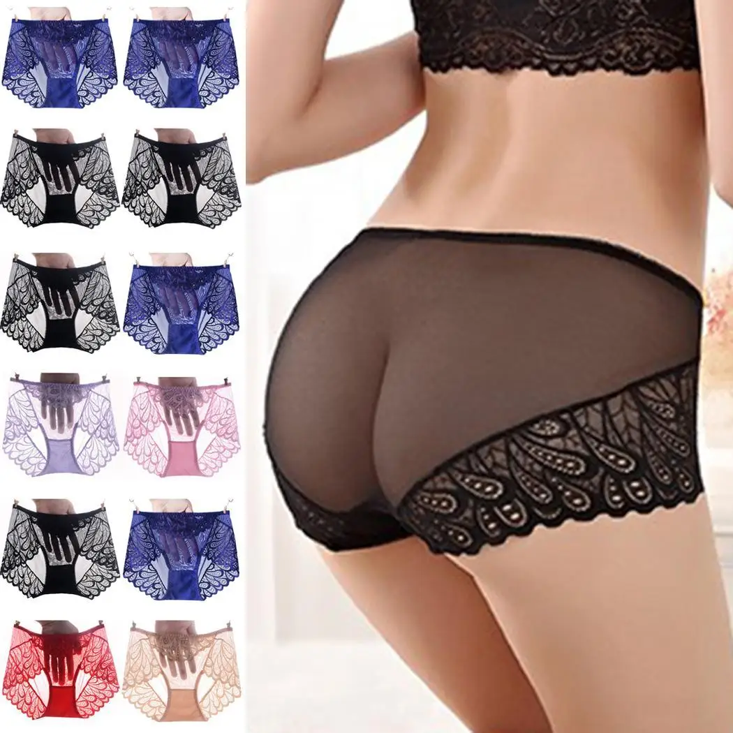 

Women See-Through No Trace Floral Lace Elastic Mid Waist Briefs Panty