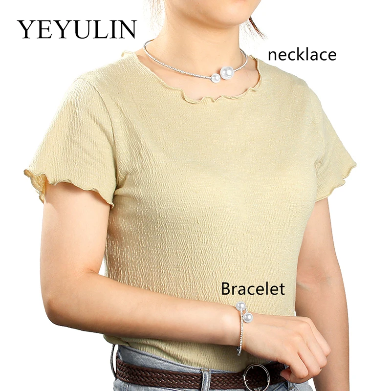 European Simulated Pearl Chokers Necklace Bangle Adjustable Jewelry Set 2PCS/Set for Women Bridal Wedding Party Accessories jewelry sets jewelry set