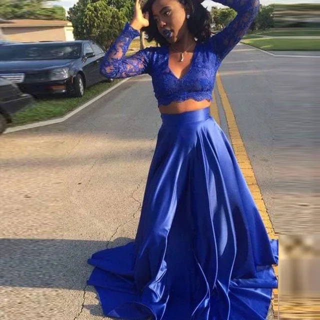 Robe De Soiree Two Pieces Royal Blue Long Sleeve Lace Evening Dresses Sexy V-Neck Women Prom Gown Formal Party Dress | Свадьбы и