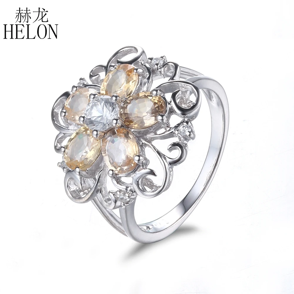 HELON Solid 14 k белое золото 2.86ct безупречный белый топаз и кольцо с топазом SI/H натуральные бриллианты кольцо для женщин цветок Модные ювелирные изделия